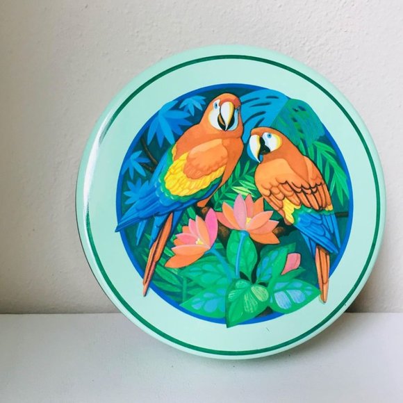 SOLD Vintage 90s Parrots Tropical Round Tin
